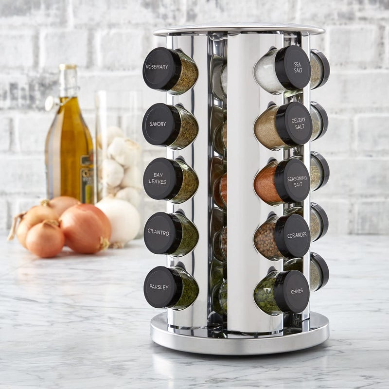 Kamenstein 20 Jar Vintage Revolving Countertop Spice Rack Organizer with Spices Included, FREE Spice Refills for 5 Years, Wood and Stainless Steel with Metal Caps - Image 4